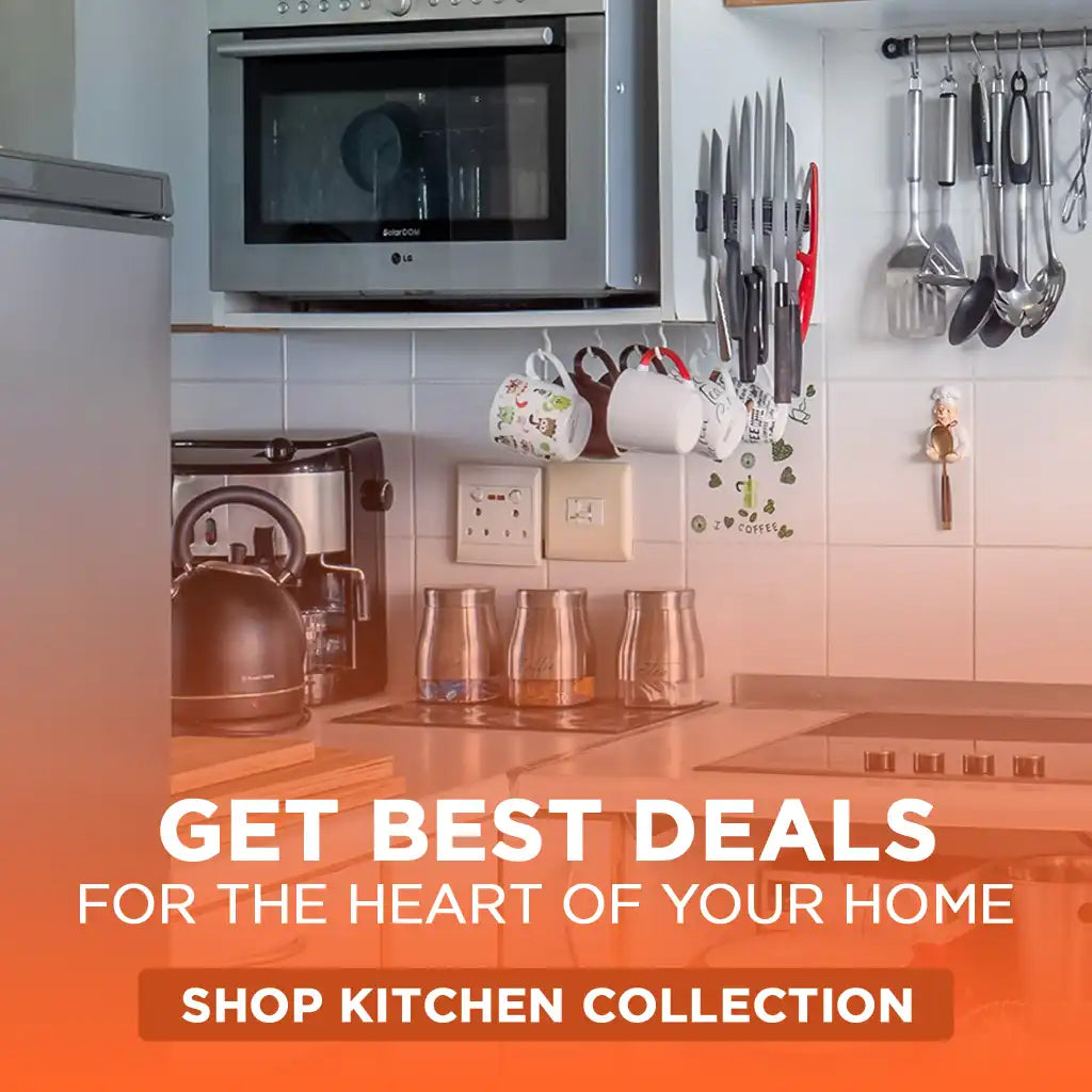 Modern kitchen with appliances and utensils, promotional text for kitchen collection.