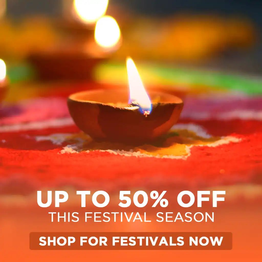 Candle in a Diwali lamp with promotional text overlay on a blurred festive background